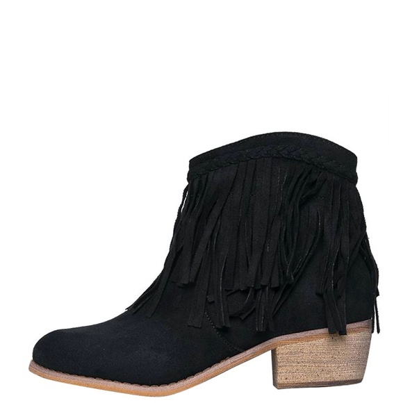Med Low Heel Fringe Ankle Booties Boots - Picture 3 of 6
